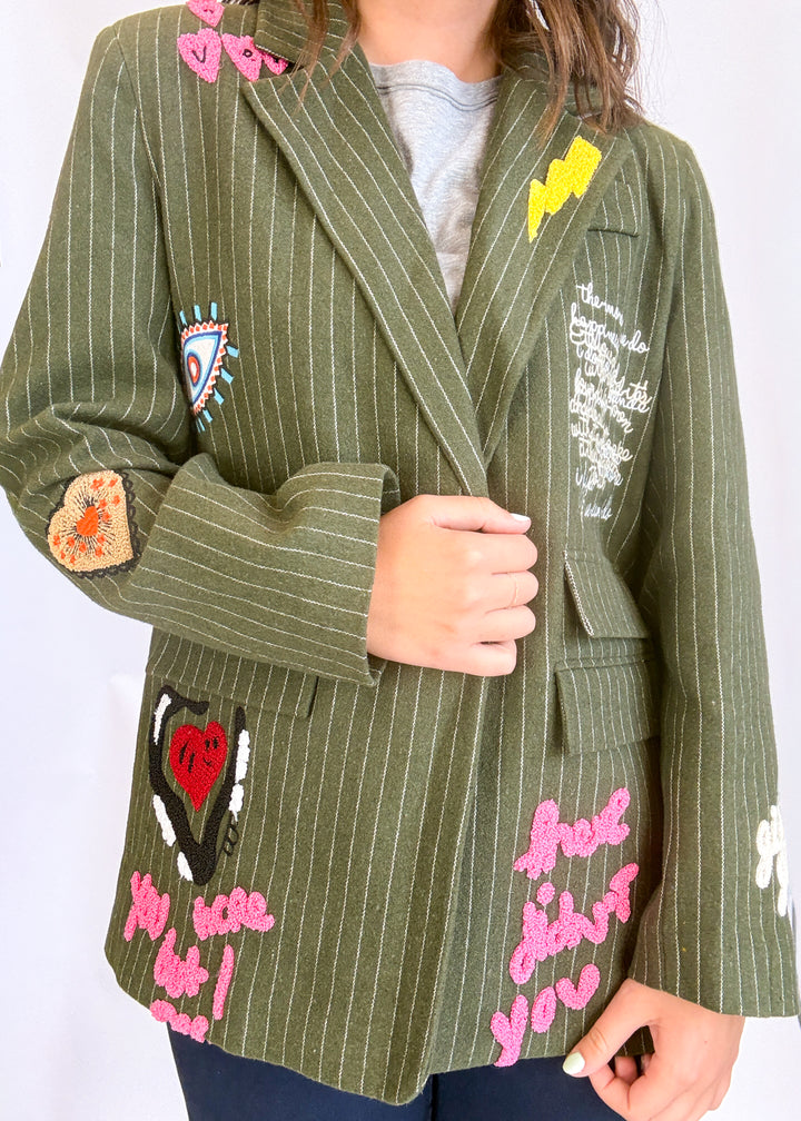 Jessica Pinstripe Patch Blazer - Olive