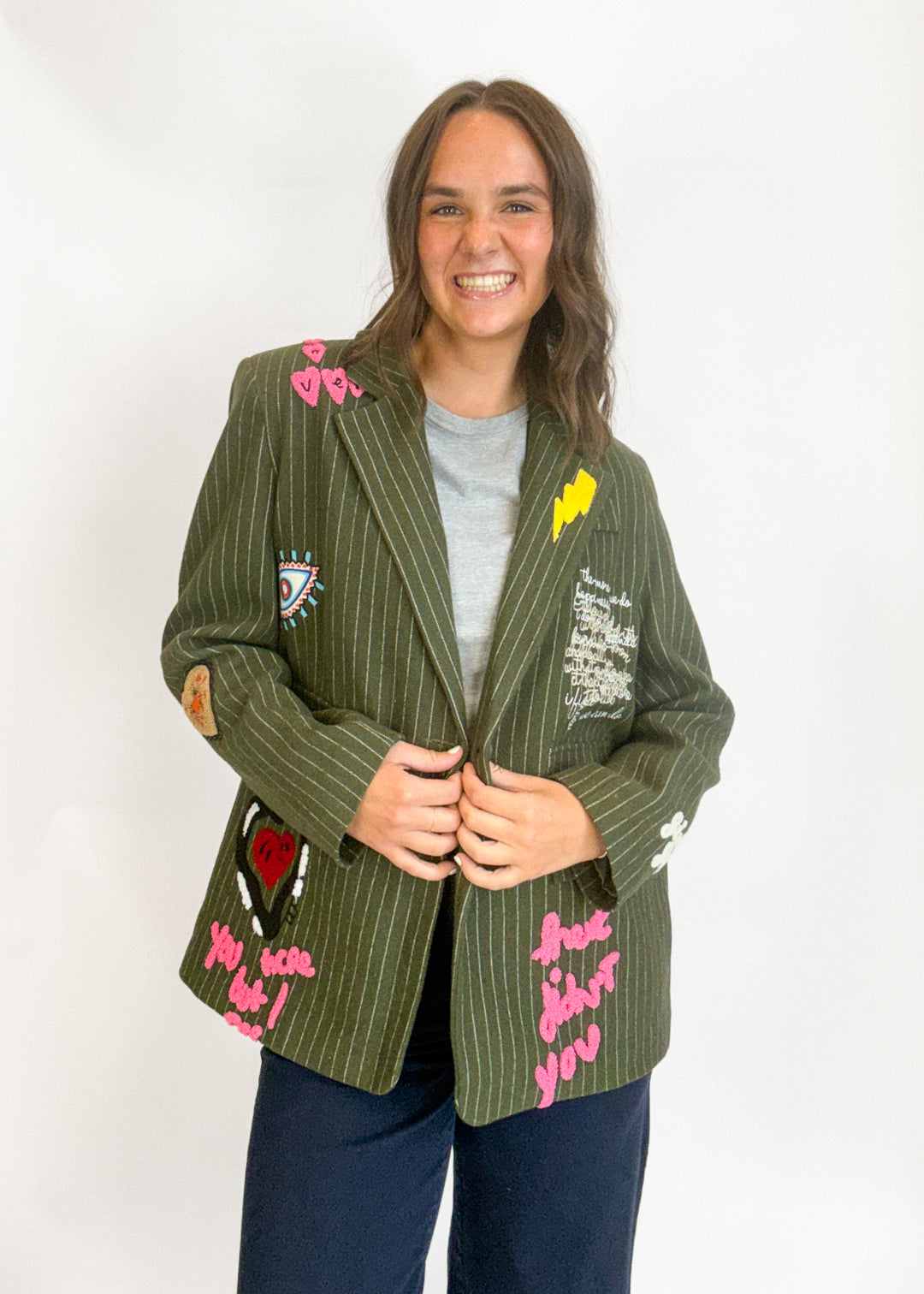 Jessica Pinstripe Patch Blazer - Olive