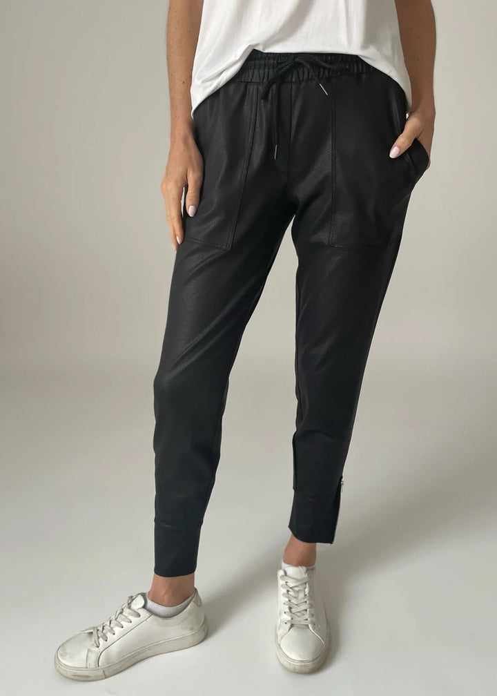 black coated jogger with drawstring waist, pockets, and thick cuff