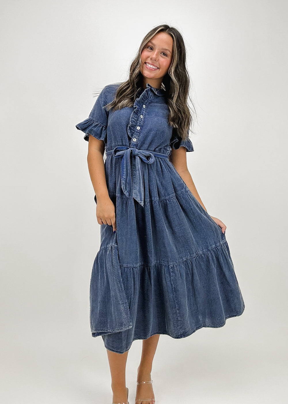 women's washed indigo ruffle collar puff sleeve belted tiered midi dress