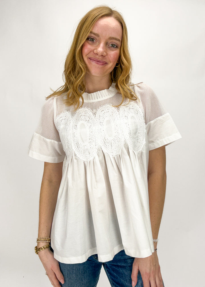 Woman wearing a white blouse with lace details on a plain background
