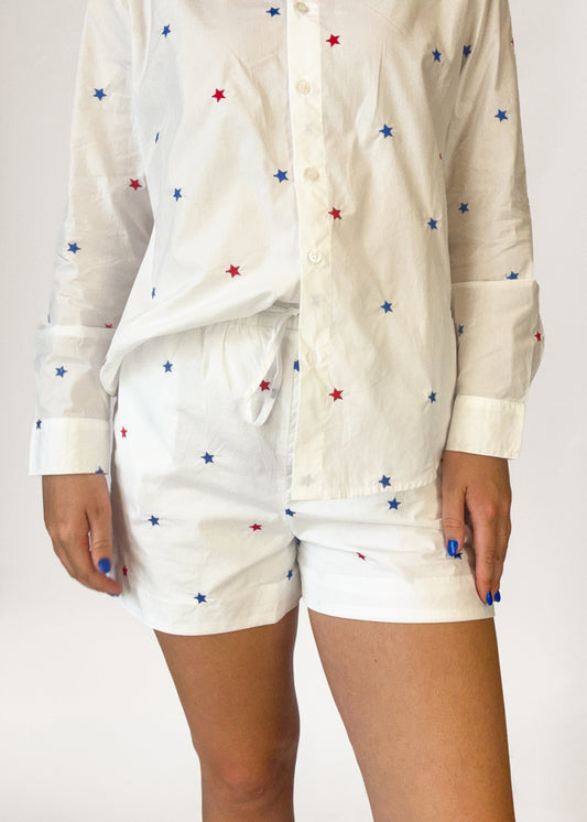 women's white shorts with red and blue stars