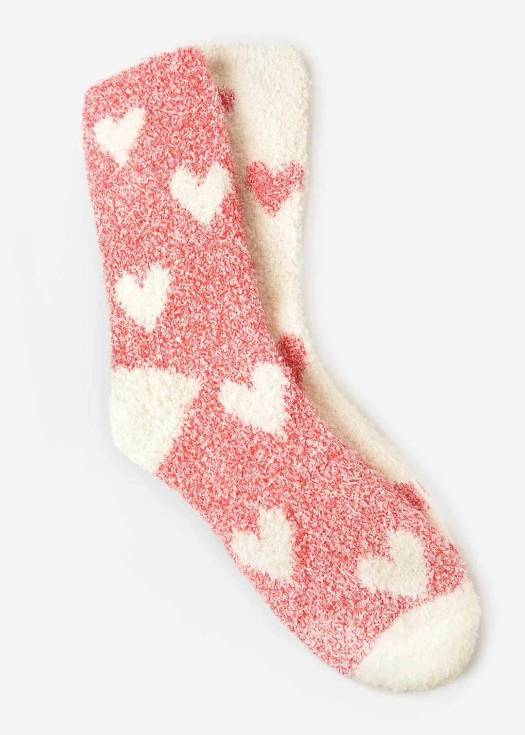 2 pack of fuzzy socks. One pink with off white hearts and one off white with pink hearts